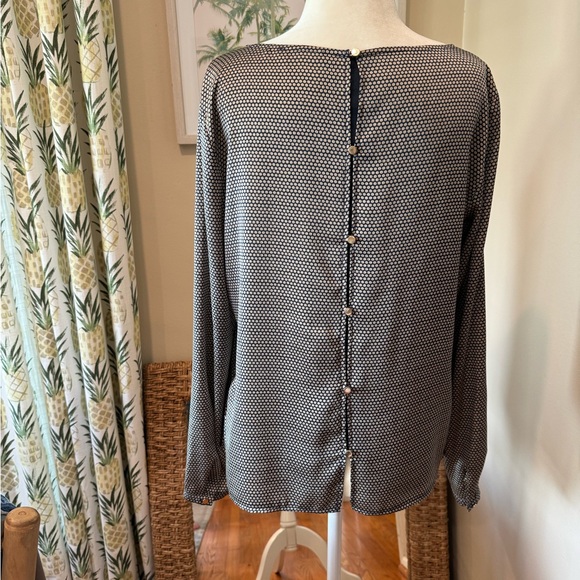 ESPRIT Dots Blouse Button Back Top Long Sleeve Navy Blue With Gold Pattern - Picture 2 of 6